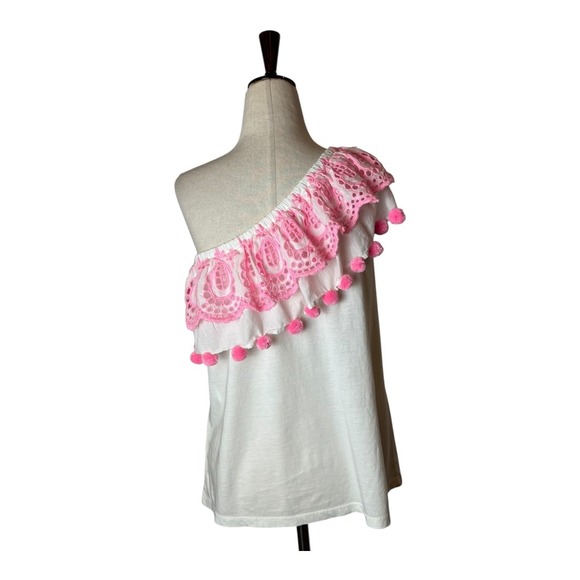 Lilly Pulitzer Shirt Women Small White Pink Idara One Shoulder‎ Eyelet Pom Pom - Picture 4 of 12